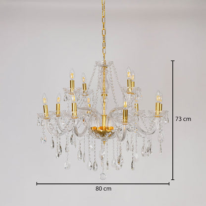 Chandelier with crystal glass and gold finish shown with 80 cm width and 73 cm height for decorative lighting.
