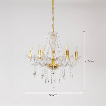 Gold chandelier with measurements 62 cm height and 58 cm width showing crystal design on white background.