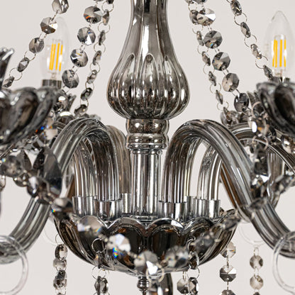 Closeup of black crystal chandelier with detailed beads and curved arms perfect for premium home ceiling lighting.