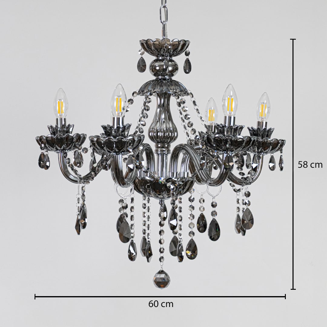 Black crystal chandelier sized 58 cm height and 60 cm width ideal for stylish dining room or living room ceiling lighting.