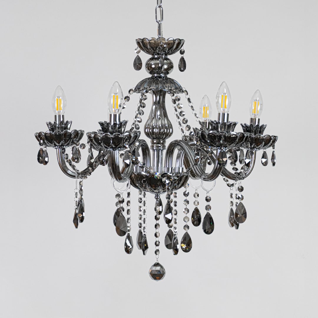 Black crystal chandelier with detailed crystal beads shown on white background ideal for modern interior ceilings.