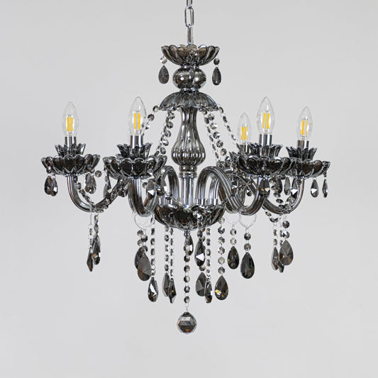 Black crystal chandelier with detailed crystal beads shown on white background ideal for modern interior ceilings.