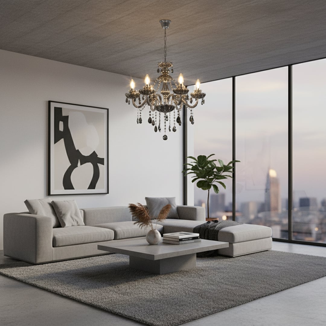 Black crystal chandelier with elegant arms and warm lights adds a luxury statement to living room or dining room ceilings.