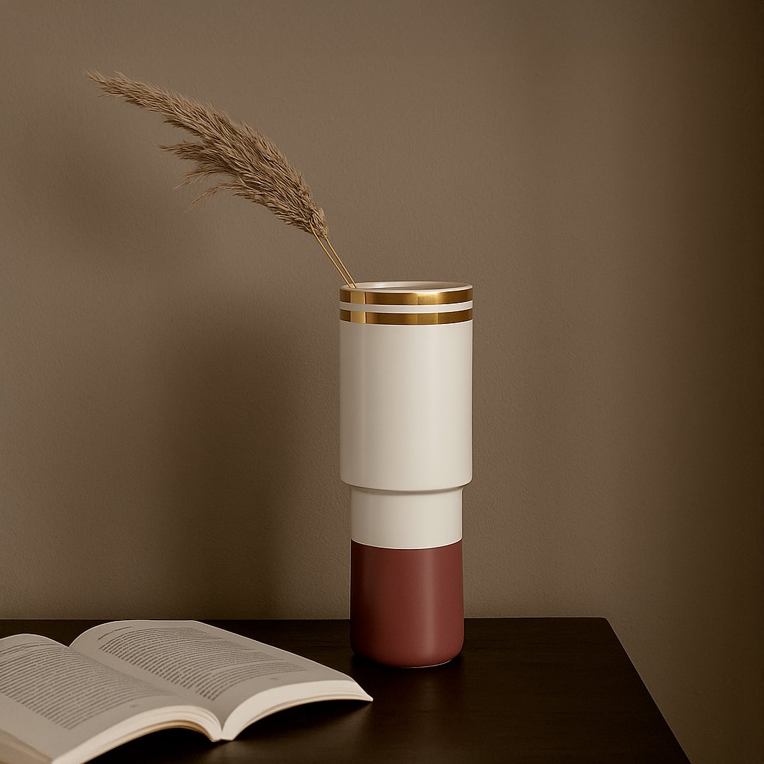 Tall ceramic vase in white and maroon with gold detailing styled for modern home decor perfect for consoles shelves and living spaces.