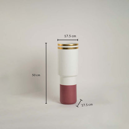 Ceramic vase in white and maroon with gold detailing displayed with 50 cm height for clear size reference in modern home decor.