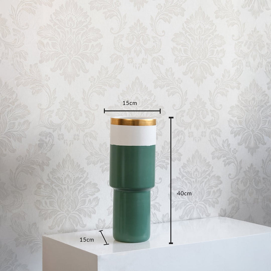 Green ceramic vase with gold rim and 40 cm height and 15 cm width shown clearly for accurate size reference in home decor planning.