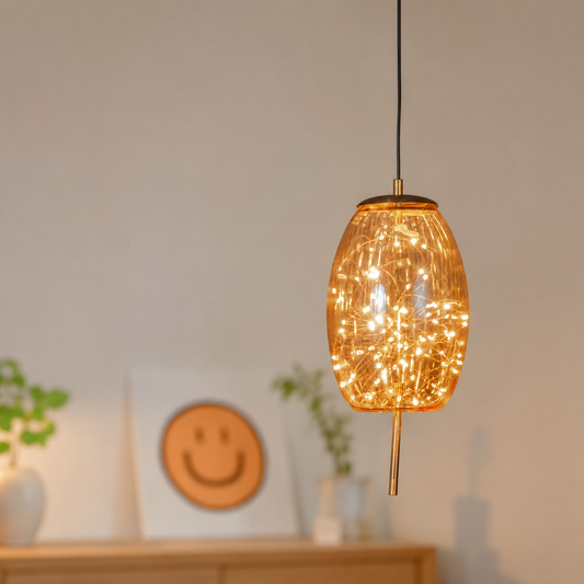 Lifestyle image of drum amber glass hanging lamp for elegant living room decor styling and modern home lighting.