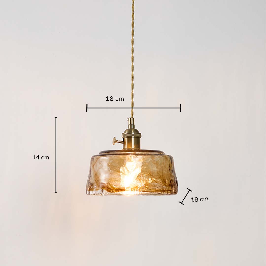 Amber glass pendant light measuring 16 cm width and 14 cm height crafted for elegant kitchen ceiling lighting decor.