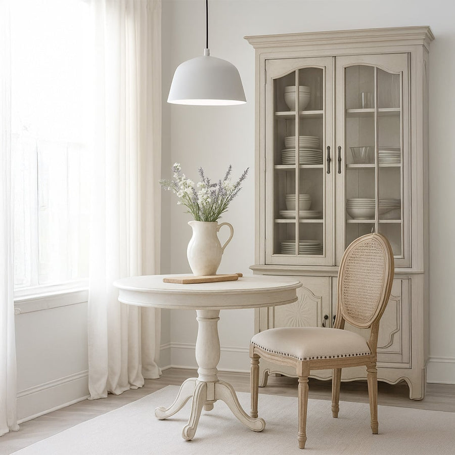 Matte white dome pendant light hanging above a round wooden table adding soft modern charm to a bright cozy dining room.