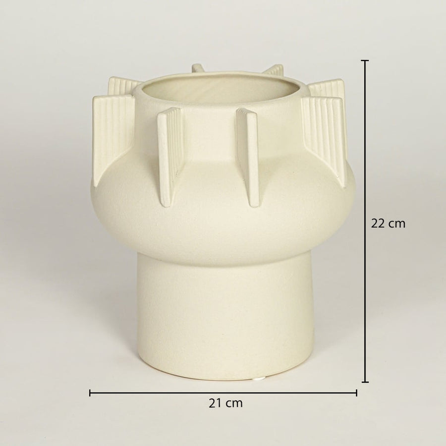 Beige ceramic decorative vase with sculptural ridges showing 22 cm height and 21 cm width suitable for table shelf or console placement.