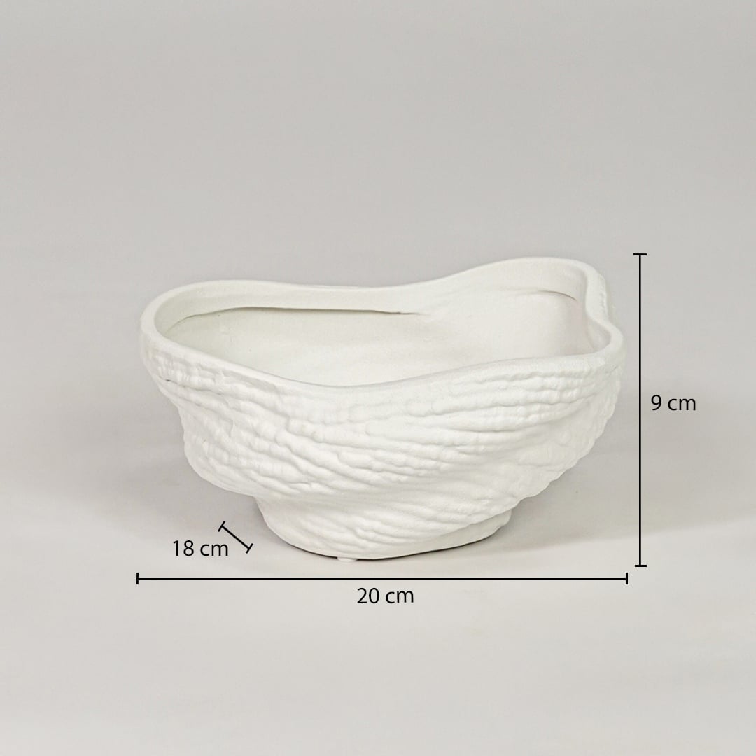 White ceramic decorative bowl size 20 cm length 18 cm width 9 cm height textured finish modern home decor bowl dimension image.