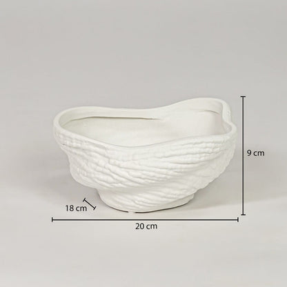 White ceramic decorative bowl size 20 cm length 18 cm width 9 cm height textured finish modern home decor bowl dimension image.
