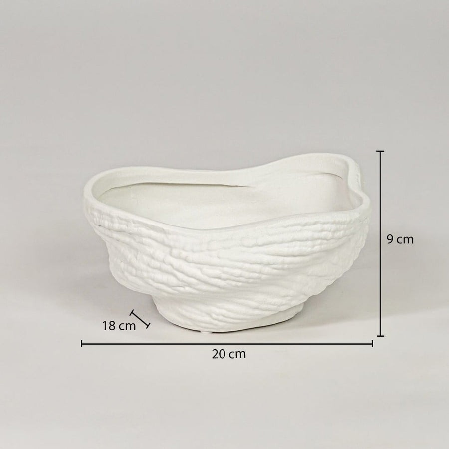 White ceramic decorative bowl size 20 cm length 18 cm width 9 cm height textured finish modern home decor bowl dimension image.