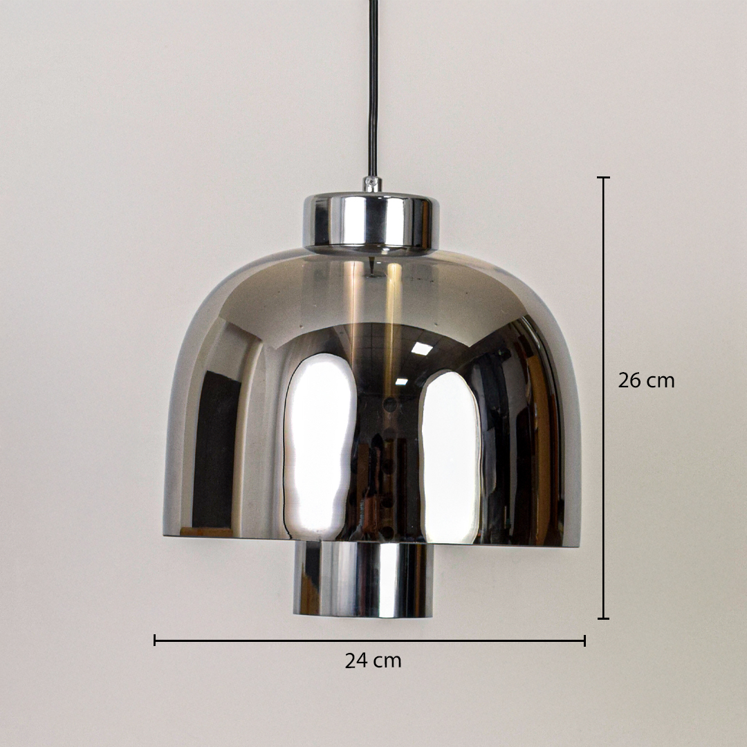 Smoky glass and chrome metal pendant light dimension image with 24 cm width and 26 cm height for modern dining placement.