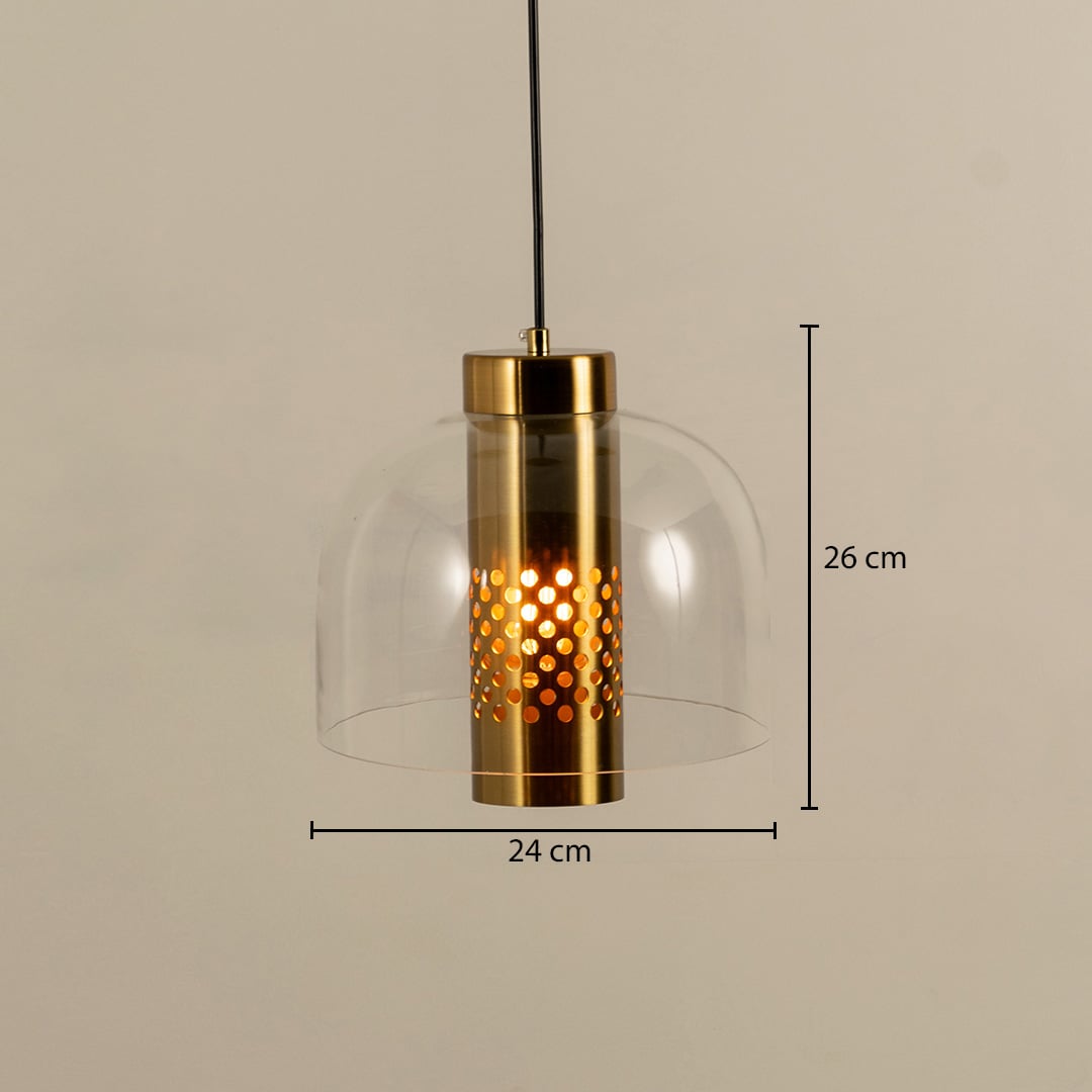 Clear glass and gold metal pendant light dimension image with 24 cm width and 26 cm height for modern kitchen placement.