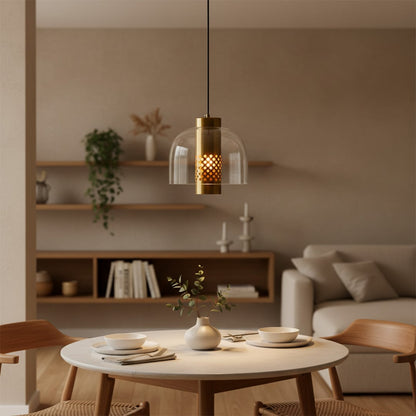 Lifestyle pendant light with woven natural shade hanging above dining table creating warm ambient lighting in modern cozy home interiors.