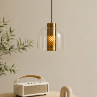 A modern pendant light with a clear glass dome shade and a gold-toned perforated metal cylinder, hanging in a softly styled interior above a small table with a cream radio and a plant in the background.