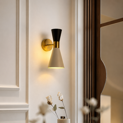 Lifestyle image of andrav black gold wall light for elegant hallway decor styling and modern home interior room lighting.