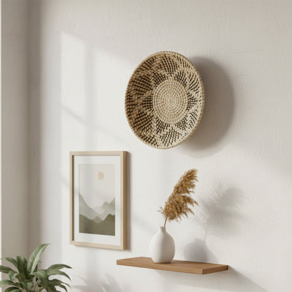 Natural handcrafted woven wall basket with radial woven pattern for elegant wall styling and modern home decor.