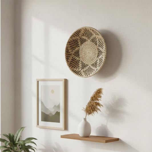 Natural handcrafted woven wall basket with radial woven pattern for elegant wall styling and modern home decor.