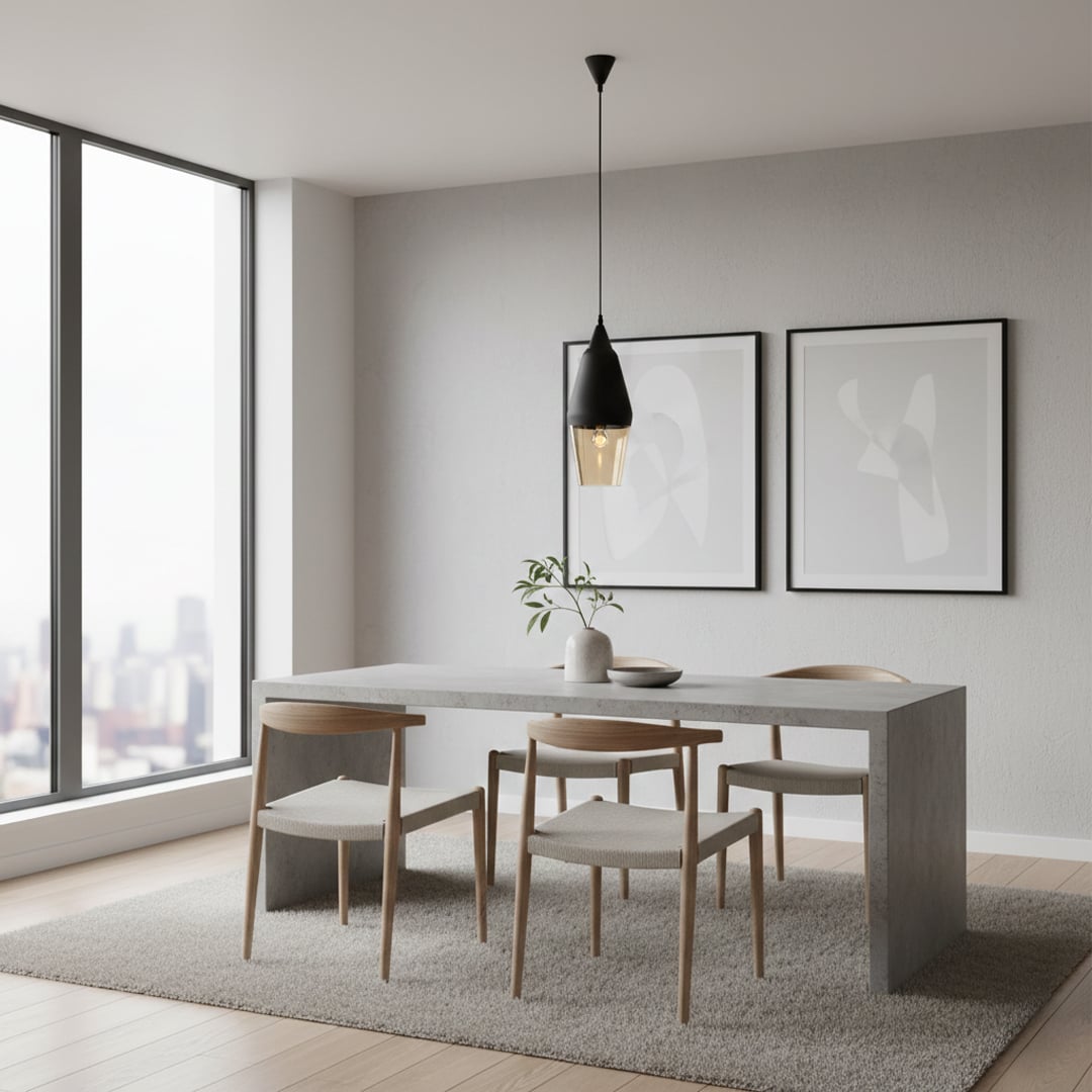 Black and amber glass pendant light above dining table adding modern elegance and warm ambient lighting to interiors.