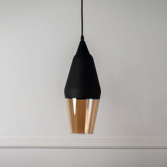 Black metal cone pendant light with polished gold details crafted for contemporary living spaces.