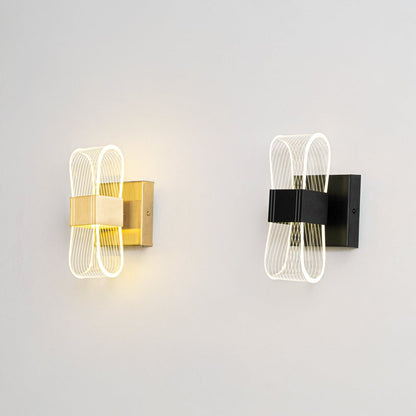 Black wall lights with curved acrylic shades glowing softly on a white background for a modern look.
