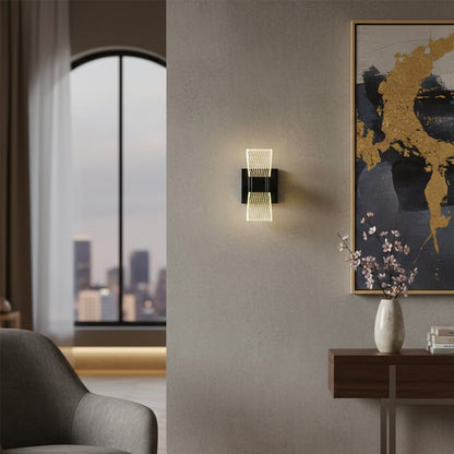 Modern black wall light lifestyle image in luxury living room with warm ambient lighting and elegant wall decor.