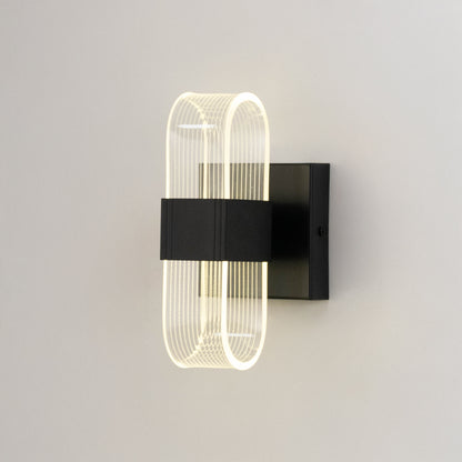 Minimal wall light in black metal finish with sculpted glass design for bedroom or living room decor lighting white background.
