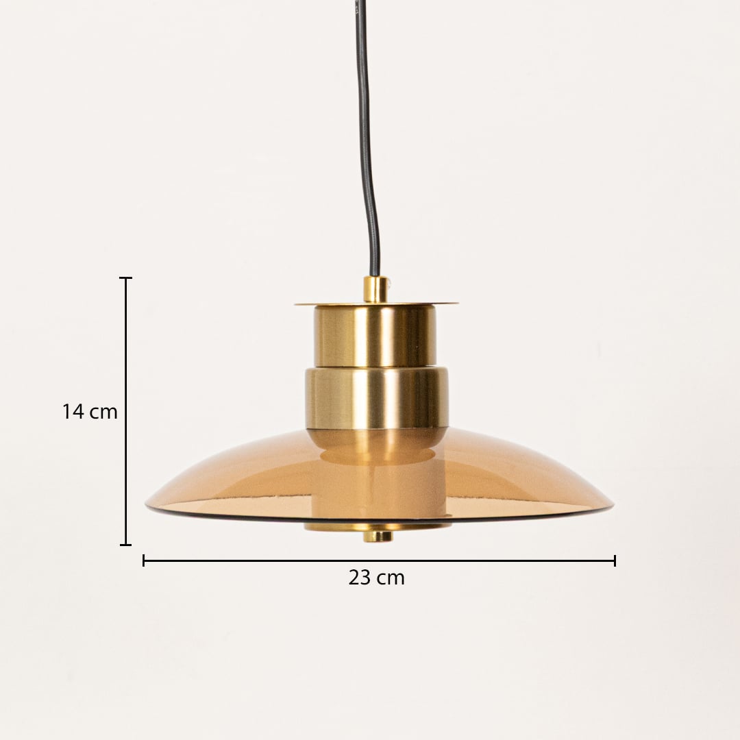 Amber glass pendant light with gold metal top shown against a white background with dimensions clearly marked as 23 cm wide and 14 cm high.