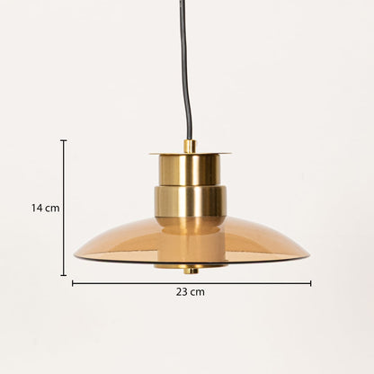Amber glass pendant light with gold metal top shown against a white background with dimensions clearly marked as 23 cm wide and 14 cm high.