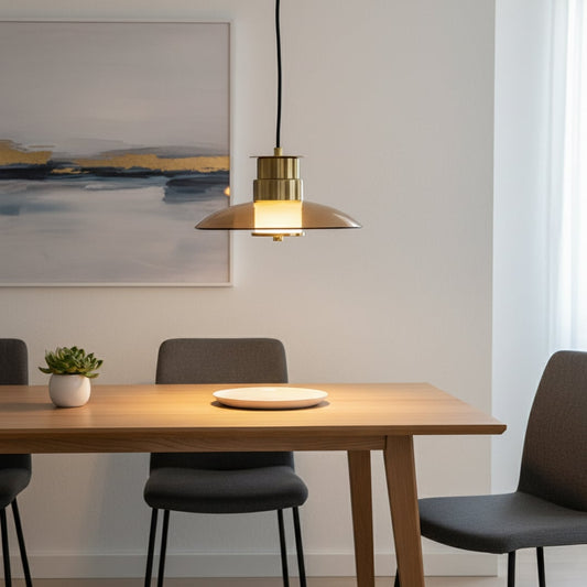 Elegant gold and amber glass pendant light glowing warmly over a modern dining table creating a cozy lifestyle setting with soft ambient lighting.