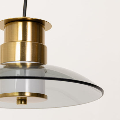 A detailed closeup of the smoked glass pendant light showing the smooth curved shade and gold elements with a soft warm glow.