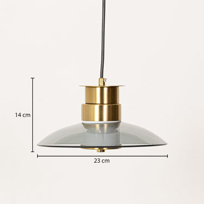 A brass and smoked glass pendant light displayed on a white background showing clear dimensions of 23 cm width and 14 cm height with a clean minimal layout.