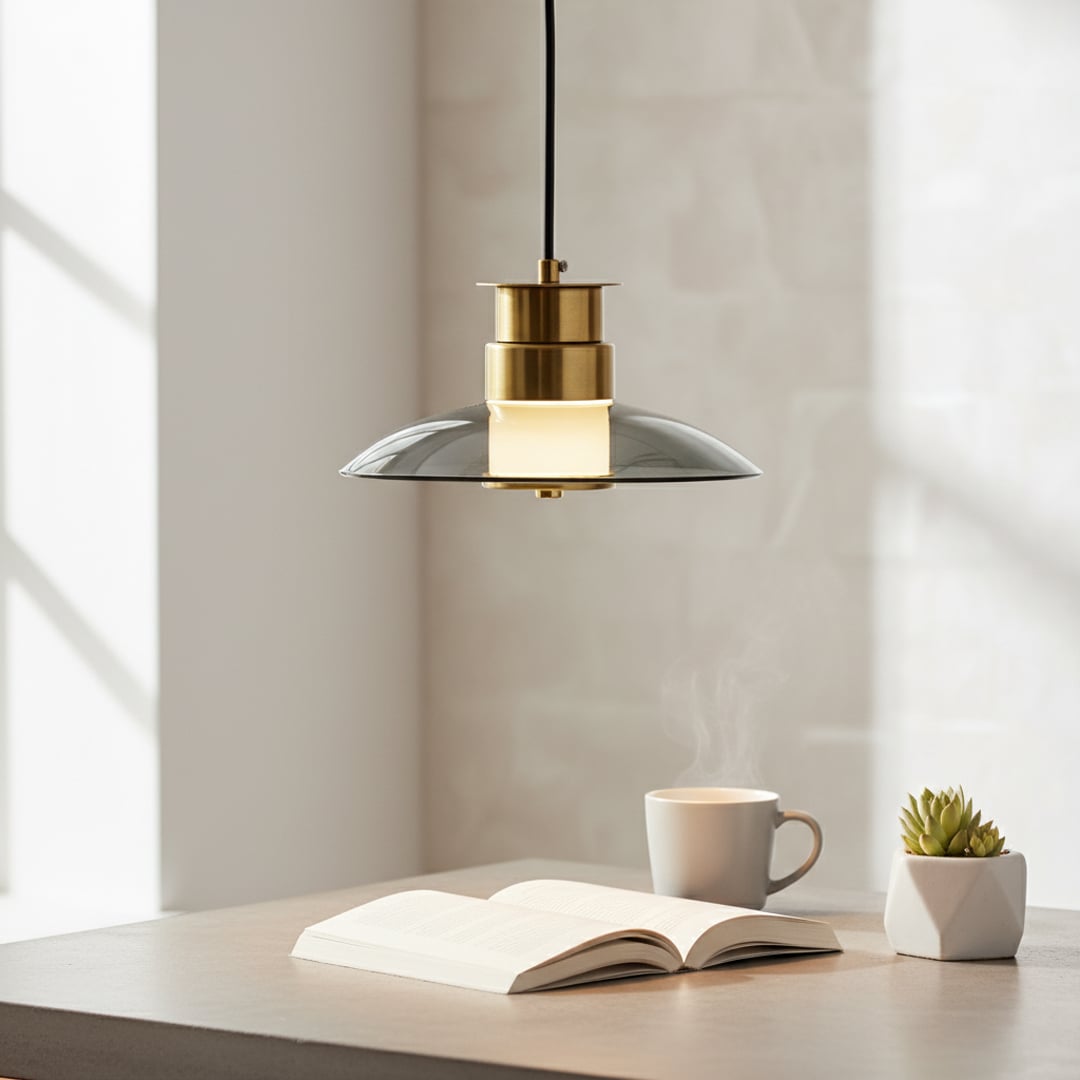 A modern pendant light with a gold and smoked glass shade glowing warmly above an open book and coffee cup in a bright peaceful reading corner.