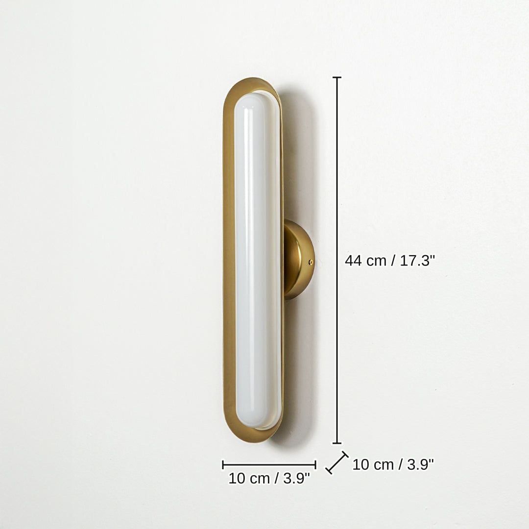 Minimal gold wall light with slim oval LED design, 44 x 10 x 10 cm (17.3 x 3.9 x 3.9 inches) dimensions