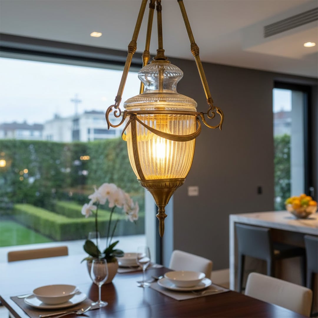 Antique brass and ribbed glass lantern pendant light adding luxurious warmth to elegant interiors.