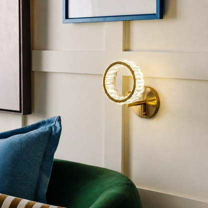 Lifestyle image of aragon crystal wall sconce for elegant hallway decor styling and luxury modern home interior design.