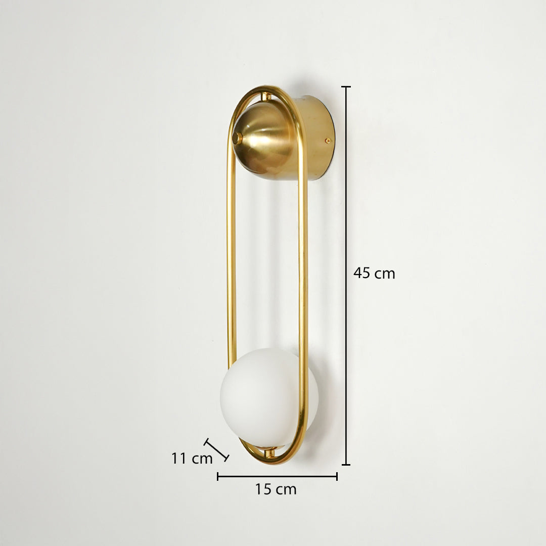 Gold metal wall light dimension image with 45 cm height and frosted globe shade for modern luxury decor.