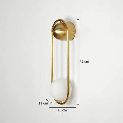Gold metal wall light dimension image with 45 cm height and frosted globe shade for modern luxury decor.