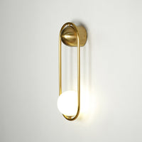 Gold metal wall light on white background with frosted globe shade for modern luxury wall decor.