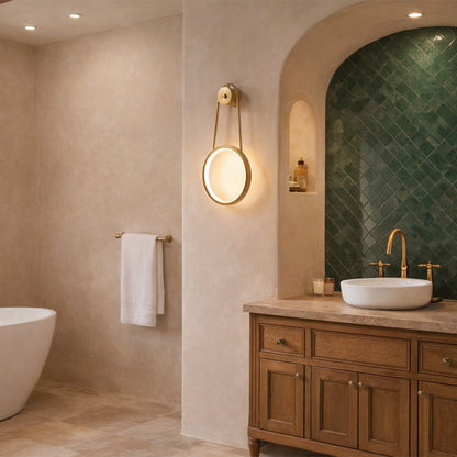 Gold metal wall light lifestyle image with glowing ring design for elegant modern bathroom interior decor.