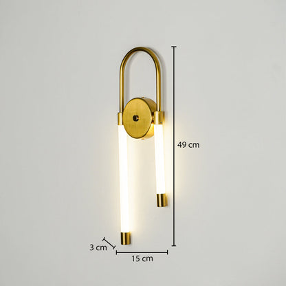 Modern gold wall light with dual vertical LED tubes mounted on neutral wall background 49 cm height 15 cm width 3 cm depth ideal for contemporary interior lighting.