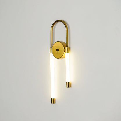 Minimal gold wall sconce with cylindrical white glass shades on clean background perfect for modern interior accent lighting setup.
