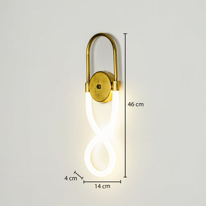 Gold wall light with infinity loop LED design on neutral background 46 cm height 14 cm width 4 cm depth perfect for modern decorative lighting.
