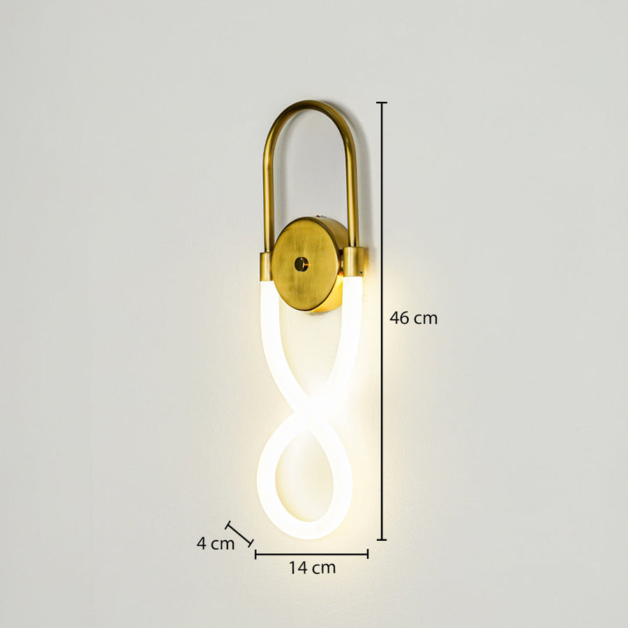 Gold wall light with infinity loop LED design on neutral background 46 cm height 14 cm width 4 cm depth perfect for modern decorative lighting.