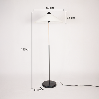 Floor lamp dimensions image showing full height shade width base diameter and overall proportions clearly marked for accurate space planning.
