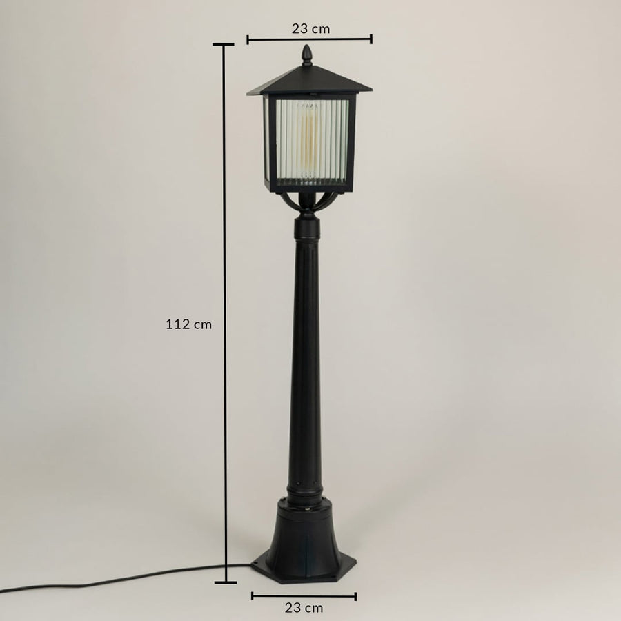 Outdoor lamp post dimensions shown clearly with height 112 cm width 23 cm and base 23 cm displayed to illustrate accurate sizing and proportional design.