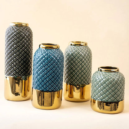 Decorative ceramic vase with teal textured body and gold finish showcased as part of a coordinated home decor collection for stylish interiors.