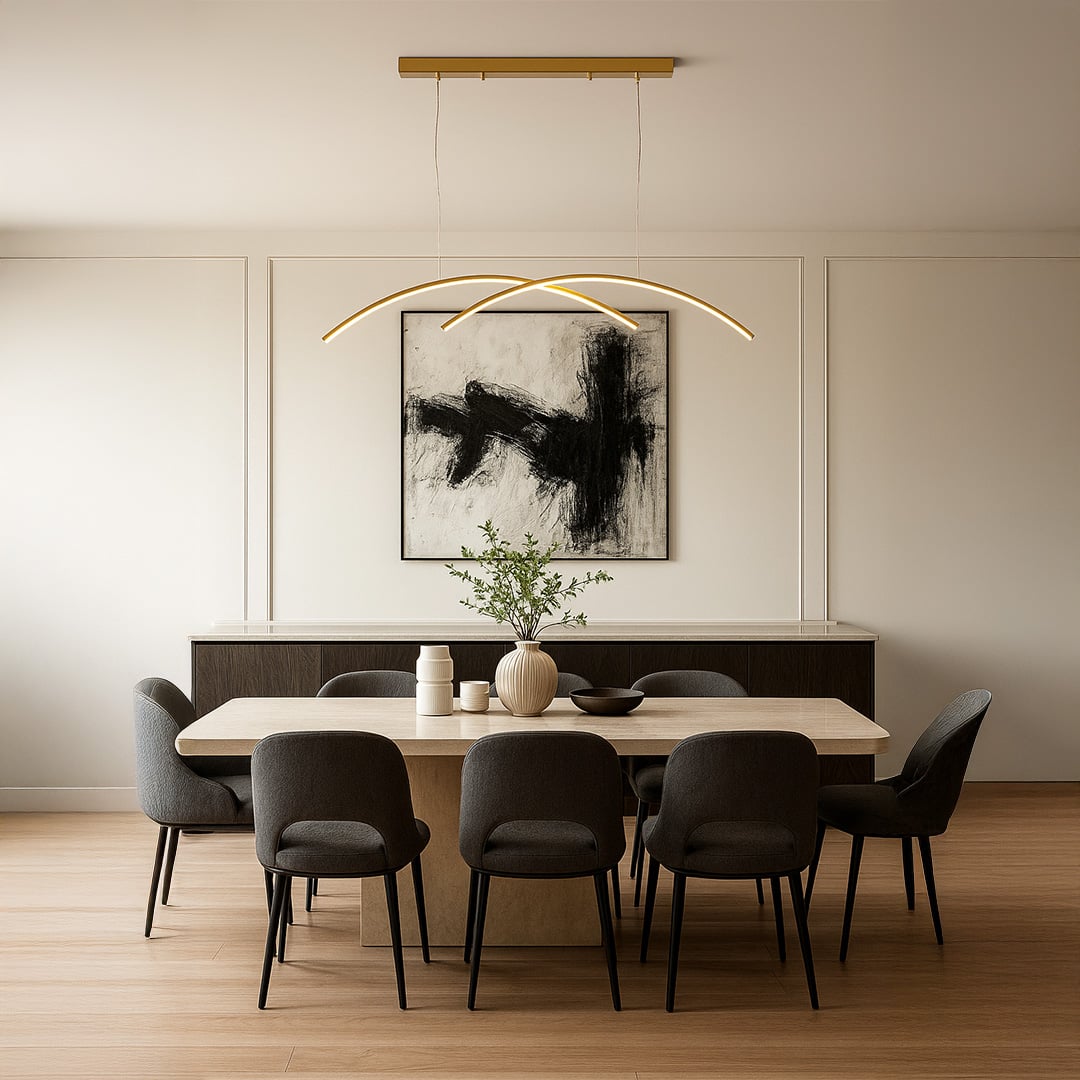 Luxury gold ring ceiling fixture illuminating a dining space with warm LED light featuring a sleek artistic arc design suited for elegant minimalist interiors.